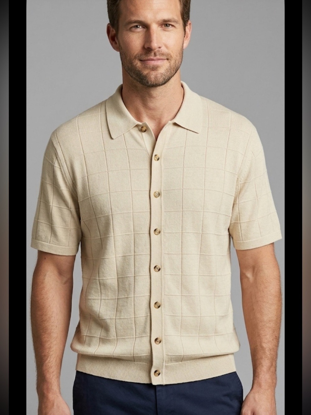 Paul Fredrick Men's Pure Silk Grid Pattern Short Sleeve Polo-Collar Sweater XL